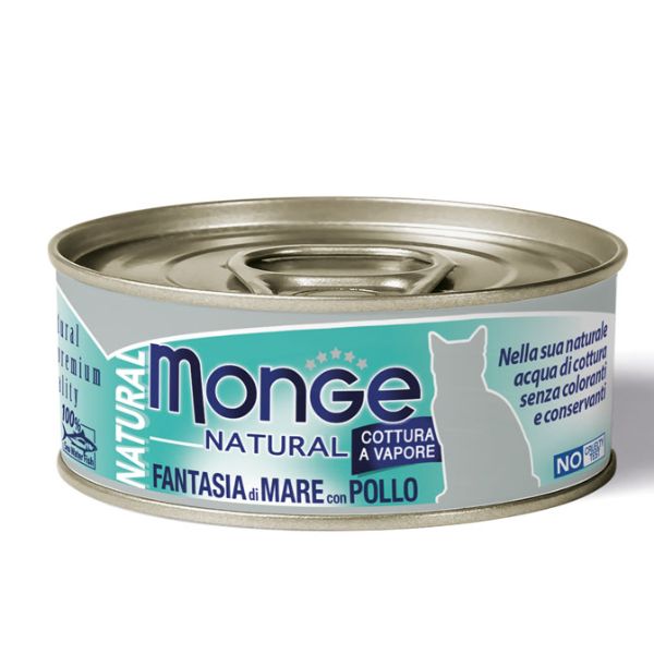 Image of Monge Natural Adult cottura al vapore 80 gr - Fantasia di Mare e Pollo Confezione da 6 pezzi Cibo umido per gatti