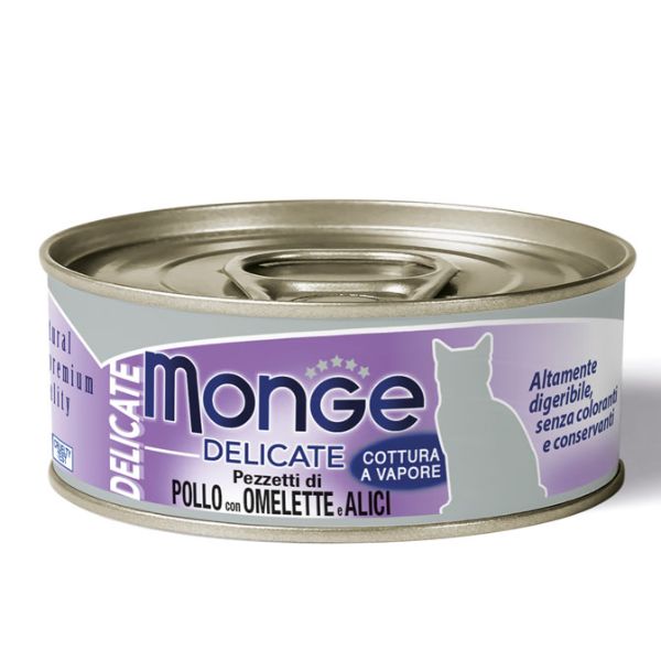 Image of Monge Delicate Adult cottura al vapore 80 gr - Pollo Omelette e Acciughine in Pezzi Confezione da 6 pezzi Cibo umido per gatti