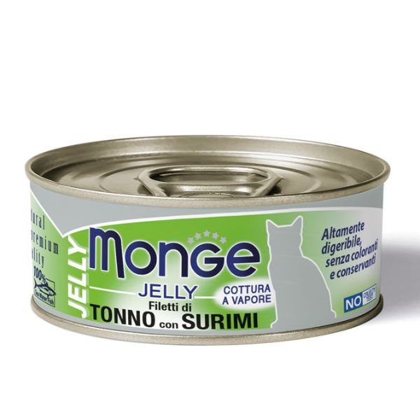 Image of Monge Jelly Adult cottura al vapore 80 gr - Filetti di Tonno del Pacifico con Surimi Confezione da 24 pezzi Cibo umido per gatti