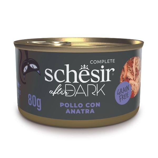 Image of Schesir After Dark Cat filetti in brodo Grain Free 80 g - Pollo con anatra Confezione da 12 pezzi Cibo umido per gatti