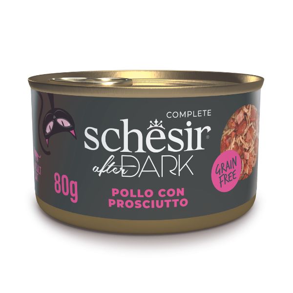 Image of Schesir After Dark Cat filetti in brodo Grain Free 80 g - Pollo con prosciutto Confezione da 12 pezzi Cibo umido per gatti