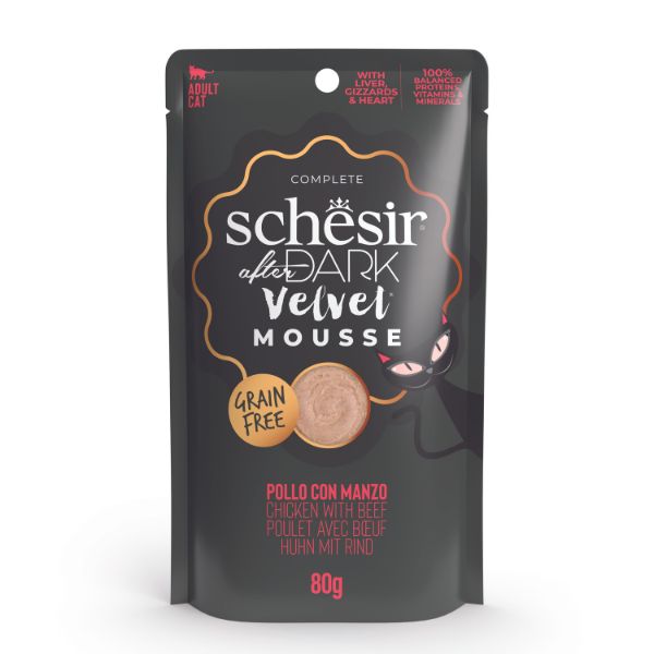 Image of Schesir After Dark Cat Velvet Mousse Grain Free 80 g - Pollo con manzo Confezione da 12 pezzi Cibo umido per gatti