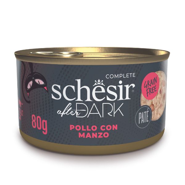 Image of Schesir After Dark Cat Patè Grain Free 80 g - Pollo con manzo Confezione da 12 pezzi Cibo umido per gatti