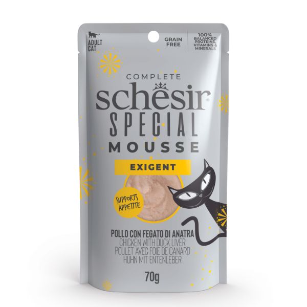 Image of Schesir Special Cat Mousse Grain Free 70 g - Exigent: pollo con fegato di anatra Confezione da 12 pezzi Cibo umido per gatti
