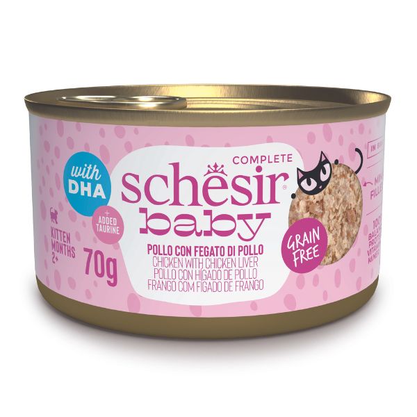 Image of Schesir Baby Cat Mousse Grain Free 70 g - Pollo con fegato di pollo Confezione da 12 pezzi Cibo umido per gatti