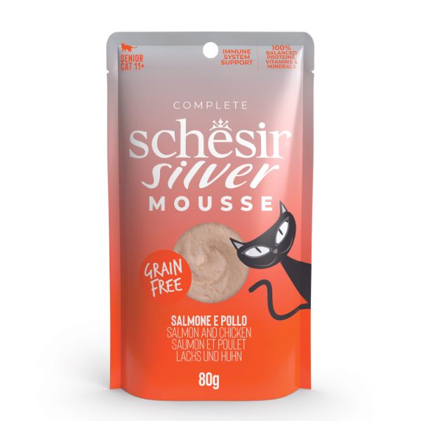 Image of Schesir Silver Cat Senior Mousse Grain Free 80 g - Salmone e pollo Confezione da 12 pezzi Cibo umido per gatti