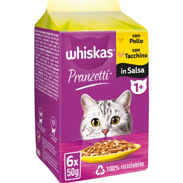 Image of Whiskas Pranzetti Multipack 6 pezzi da 50 gr - Carni Bianche Cibo umido per gatti