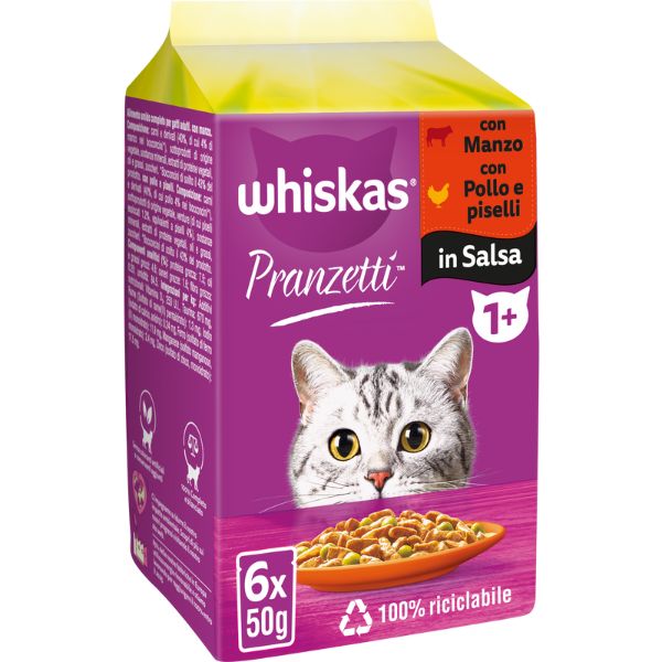 Image of Whiskas Pranzetti Multipack 6 pezzi da 50 gr - Carni e Verdure Cibo umido per gatti