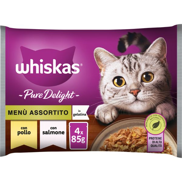 Whiskas Pure Delight ricette in gelatina Multipack 4 pezzi da 85 gr - Selezione Assortita - Cibo umido per gatti - 1° ORDINE? scegli lo sconto BZR5 / BZR20 + 200 punti fedeltà