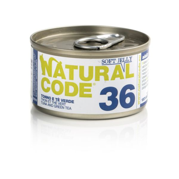 Image of Natural Code acqua di cottura Soft Jelly 85 g - 36 - Tonno e Tè verde Confezione da 24 pezzi Cibo umido per gatti