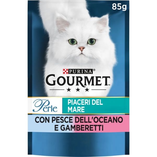 Image of Gourmet le Perle Filettini in Salsa 85 gr - con pesce dell'Oceano e gamberetti interi Confezione da 26 pezzi Cibo umido per gatti