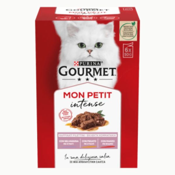 Image of Purina Gourmet Mon Petite Intense multipack 6 x 50 g - selvaggina - fegato - manzo (scadenza: 30/07/2024) Cibo umido per gatti