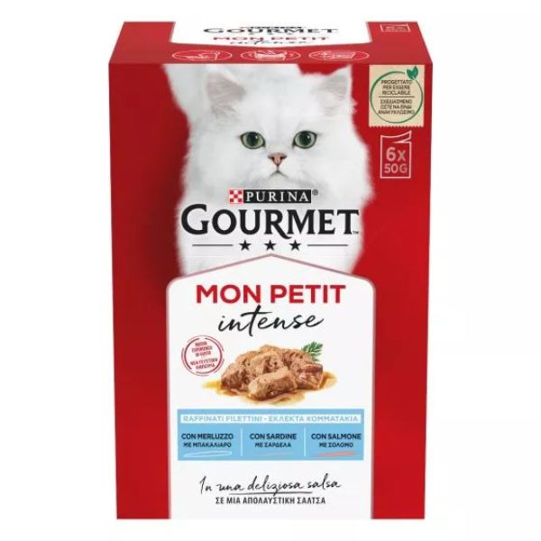 Image of Purina Gourmet Mon Petite Intense multipack 6 x 50 g - merluzzo - salmone - sardine Cibo umido per gatti