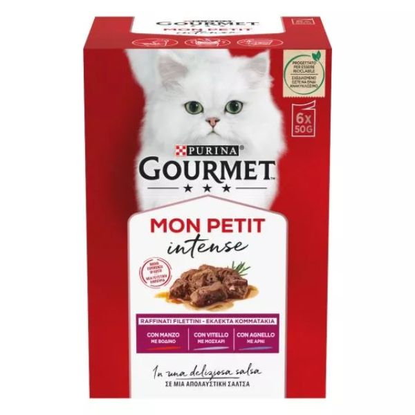 Image of Purina Gourmet Mon Petite Intense multipack 6 x 50 g - manzo - vitello - agnello Cibo umido per gatti