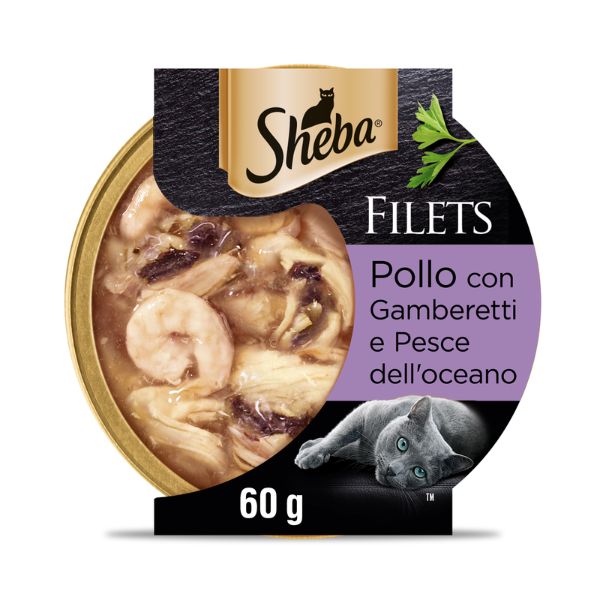 Image of Sheba Filets in salsa 60 gr - Pollo, gamberetti e pesce Confezione da 16 pezzi Cibo umido per gatti