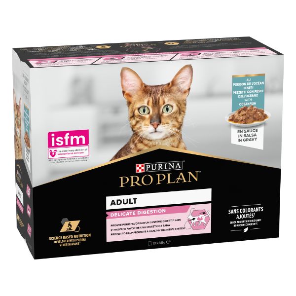 Image of Purina Pro Plan Cat Adult Delicate Digestion in salsa Multipack 10x85g - Pesce dell'oceano Cibo umido per gatti