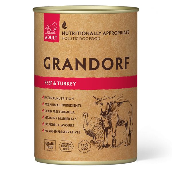 Image of Grandorf Dog Adult All Breeds 400 gr - Manzo e tacchino Monoproteico crocchette cani Cibo Umido per Cani