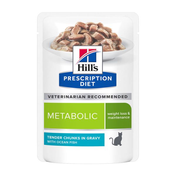 Image of Hill's Prescription Diet Adult Metabolic 85 gr - Pesce Oceanico Confezione da 12 pezzi Dieta Veterinaria per Gatti