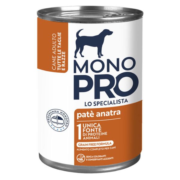 Image of Monopro lo specialista Adult All Breeds Patè Grain Free 400 gr - Anatra Monoproteico crocchette cani Cibo Umido per Cani