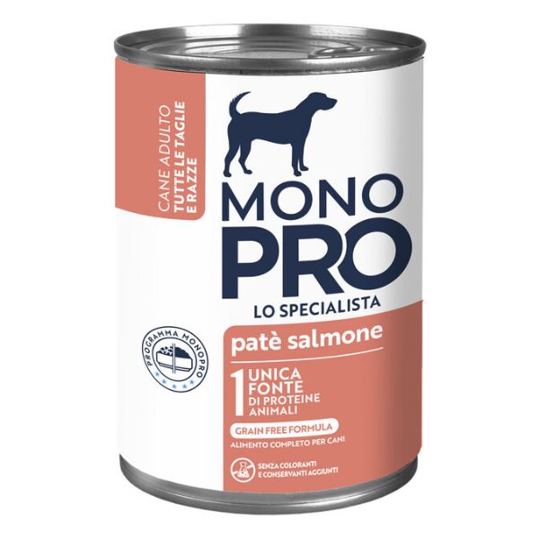 Image of Monopro lo specialista Adult All Breeds Patè Grain Free 400 gr - Salmone Monoproteico crocchette cani Cibo Umido per Cani