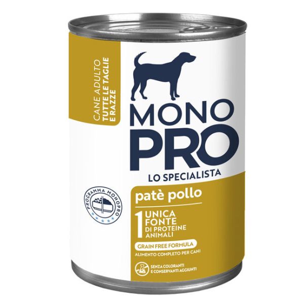 Image of Monopro lo specialista Adult All Breeds Patè Grain Free 400 gr - Pollo Confezione da 6 pezzi Monoproteico crocchette cani Cibo Umido per Cani