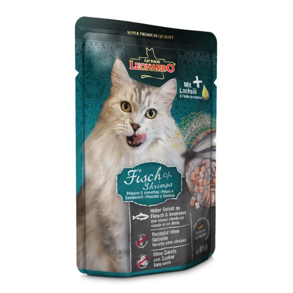 Image of Leonardo Cat Food Finest Selection Grain Free 85 gr - Pesce e gamberetti Confezione da 16 pezzi Cibo umido per gatti