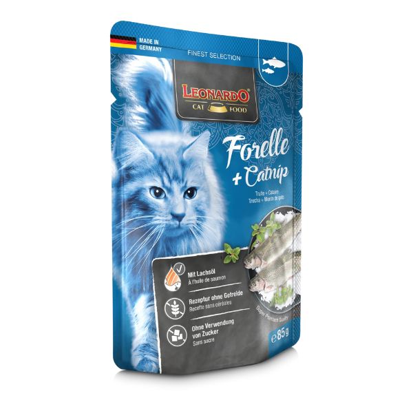 Image of Leonardo Cat Food Finest Selection Grain Free 85 gr - Trota con catnip Confezione da 16 pezzi Cibo umido per gatti