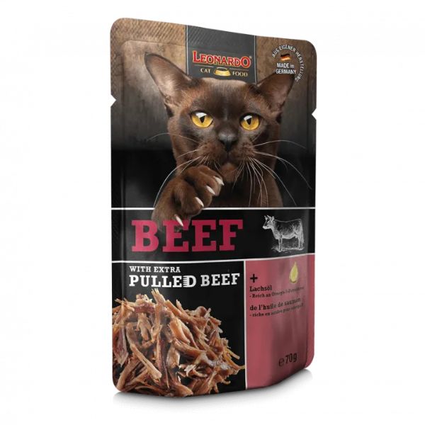 Image of Leonardo Cat Food Pulled Beef 70 gr - Manzo con straccetti di manzo Confezione da 16 pezzi Cibo umido per gatti