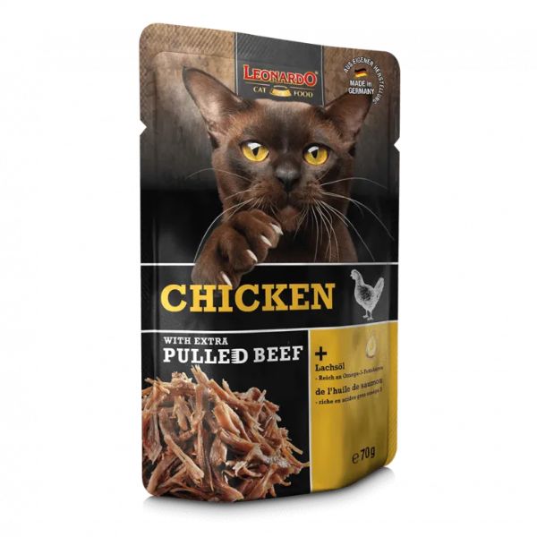 Image of Leonardo Cat Food Pulled Beef 70 gr - Pollo con straccetti di manzo Confezione da 16 pezzi Cibo umido per gatti