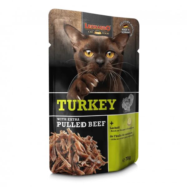 Image of Leonardo Cat Food Pulled Beef 70 gr - Tacchino con straccetti di manzo Confezione da 16 pezzi Cibo umido per gatti