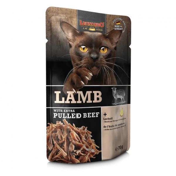 Image of Leonardo Cat Food Pulled Beef 70 gr - Agnello con straccetti di manzo Confezione da 16 pezzi Cibo umido per gatti