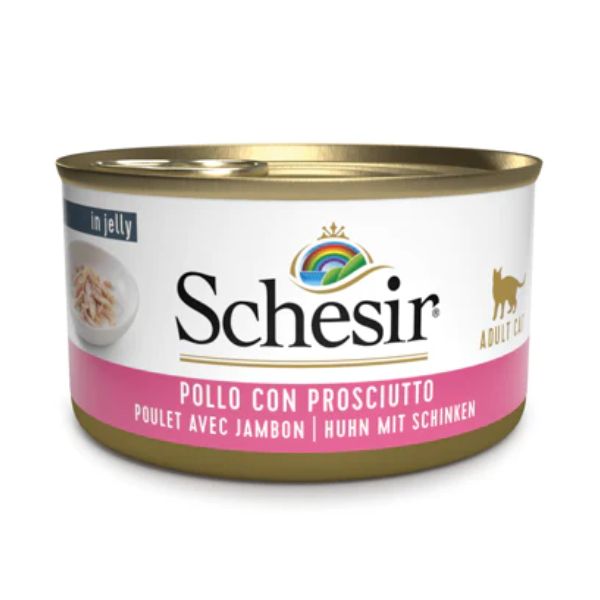 Image of Schesir Cat Adult in Jelly 85 gr - Filetti di Pollo con Prosciutto Confezione da 6 pezzi Cibo umido per gatti