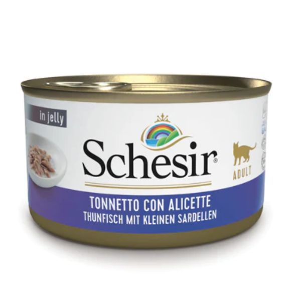 Image of Schesir Cat Adult in Jelly 85 gr - Tonnetto con Alicette Confezione da 6 pezzi Cibo umido per gatti