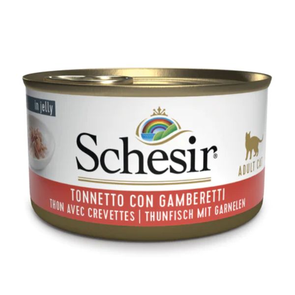 Image of Schesir Cat Adult in Jelly 85 gr - Tonnetto con Gamberetti Confezione da 6 pezzi Cibo umido per gatti