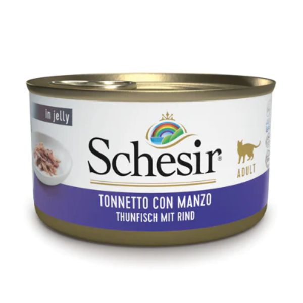 Image of Schesir Cat Adult in Jelly 85 gr - Tonnetto con Manzo Confezione da 6 pezzi Cibo umido per gatti