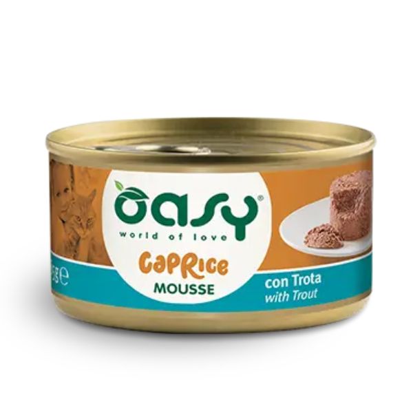 Image of Oasy Caprice Cat Adult Mousse Grain Free 85 gr - Trota Confezione da 18 pezzi Cibo umido per gatti