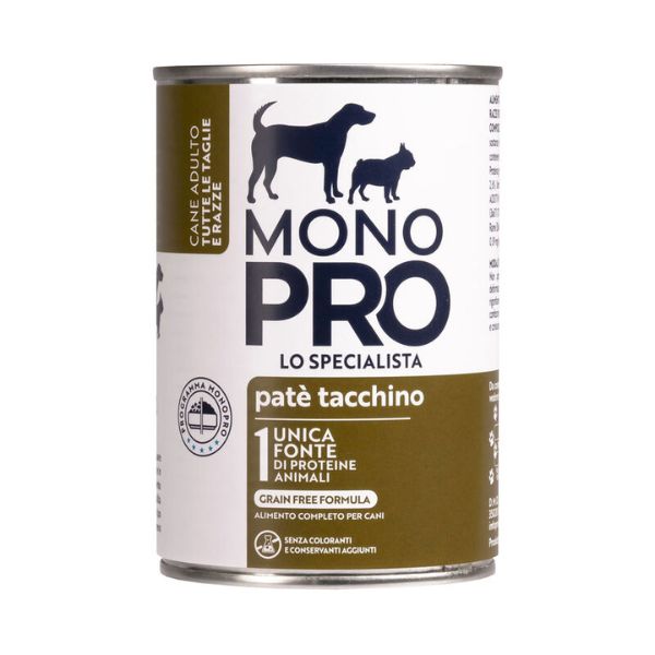 Image of Monopro lo specialista Adult All Breeds Patè Grain Free 400 gr - Tacchino Confezione da 6 pezzi Monoproteico crocchette cani Cibo Umido per Cani