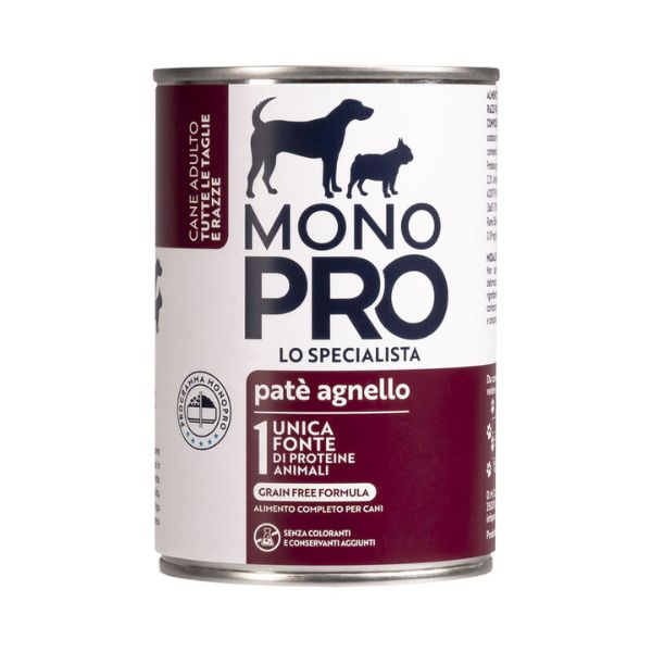 Image of Monopro lo specialista Adult All Breeds Patè Grain Free 400 gr - Agnello Monoproteico crocchette cani Cibo Umido per Cani
