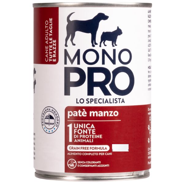Image of Monopro lo specialista Adult All Breeds Patè Grain Free 400 gr - Manzo Confezione da 6 pezzi Monoproteico crocchette cani Cibo Umido per Cani