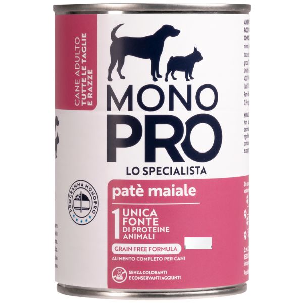 Image of Monopro lo specialista Adult All Breeds Patè Grain Free 400 gr - Maiale Confezione da 6 pezzi Monoproteico crocchette cani Cibo Umido per Cani