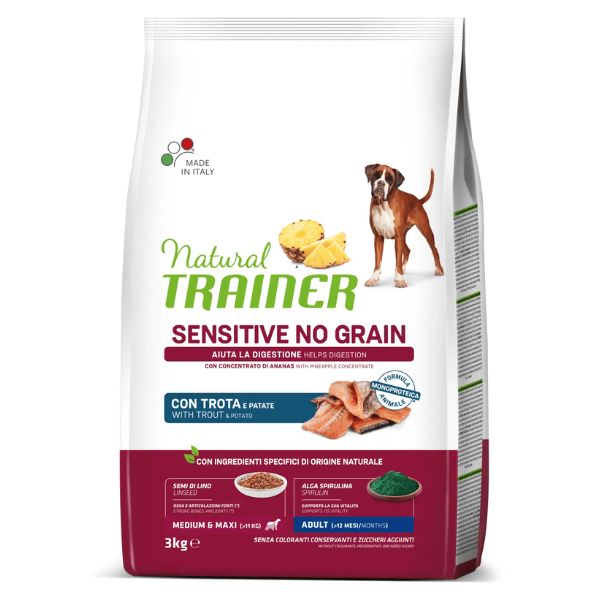 Image of Natural Trainer Sensitive Adult Grain Free Medium/Maxi Trota - 3 Kg Croccantini per cani Monoproteico crocchette cani