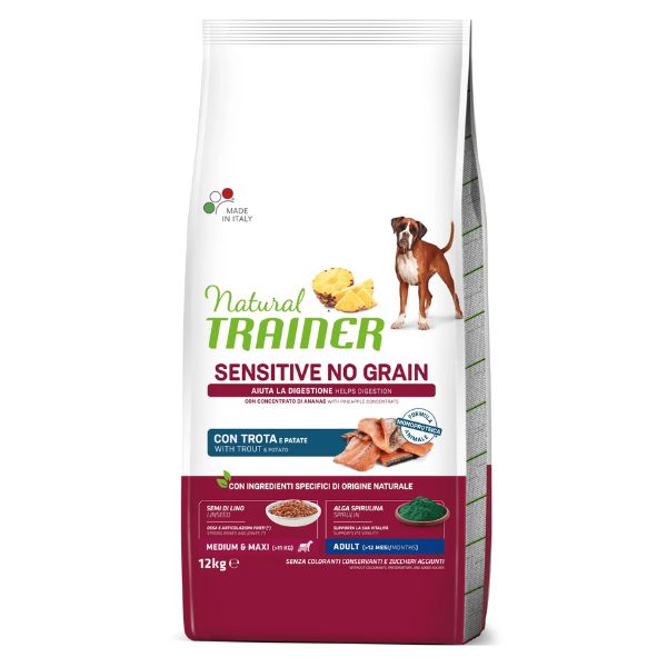 Image of Natural Trainer Sensitive Adult Grain Free Medium/Maxi Trota - 12 Kg Croccantini per cani Monoproteico crocchette cani