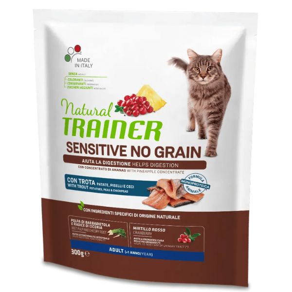 Image of Natural Trainer Sensitive Adult Grain Free Trota e ananas - 300 gr Croccantini per gatti Monoproteico crocchette cani