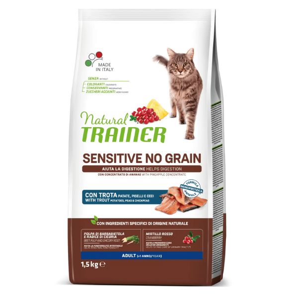 Image of Natural Trainer Sensitive Adult Grain Free Trota e ananas - 1,5 Kg Croccantini per gatti Monoproteico crocchette cani