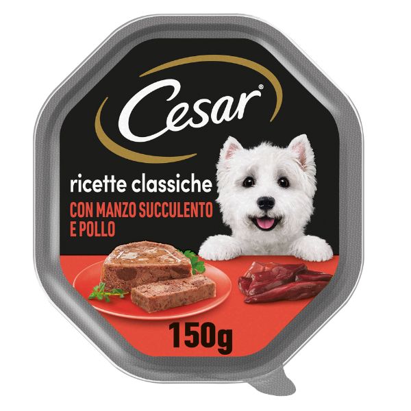 Image of Cesar Ricette Classiche 150gr - Manzo e Pollo Confezione da 14 pezzi Cibo Umido per Cani