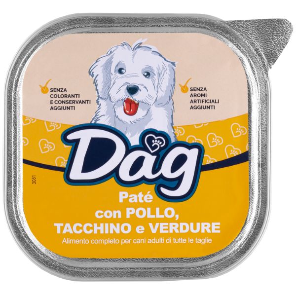 Image of Dag Dog All Breeds Patè 300 gr - Pollo, tacchino e verdure Confezione da 6 pezzi Cibo Umido per Cani