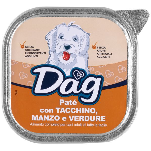 Image of Dag Dog All Breeds Patè 300 gr - Tacchino, manzo e verdure Confezione da 6 pezzi Cibo Umido per Cani