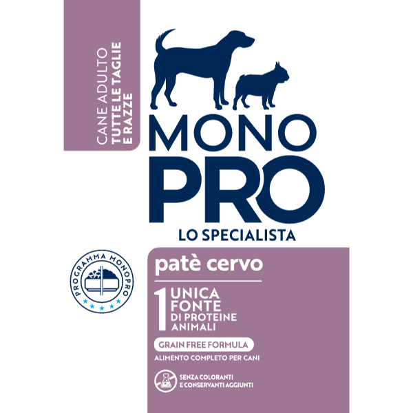 Image of Monopro lo specialista Adult All Breeds Patè Grain Free 400 gr - Cervo Confezione da 6 pezzi Cibo Umido per Cani