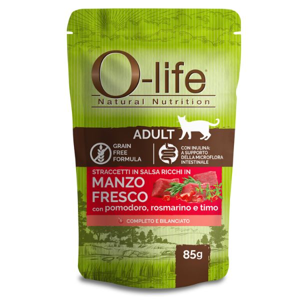 Image of O-life Cat Adult Grain Free Straccetti in salsa 85 gr - Manzo fresco con pomodoro e rosmarino Confezione da 6 pezzi Cibo umido per gatti