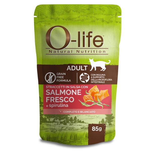 Image of O-life Cat Adult Grain Free Straccetti in salsa 85 gr - Salmone fresco e spirulina Confezione da 6 pezzi Cibo umido per gatti